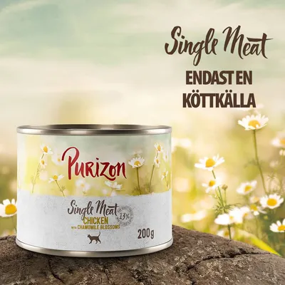 Purizon Single Meat Chicken with Chamomile Blossoms, 200g. Text: Endast en köttkälla. Bild på burk med prästkragar i bakgrunden.
