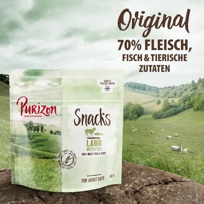 Purizon Snacks Lamb with Fish, 100% meat, fish & liver, pour chats adultes, sachet de 40 g. Texte en anglais et allemand : Original 70% Fleisch, Fisch & tierische Zutaten.