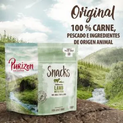 Purizon Snacks Lamb with Fish. Original 100 % carne, pescado e ingredientes de origen animal. Envase de 100 g visible en paisaje natural.
