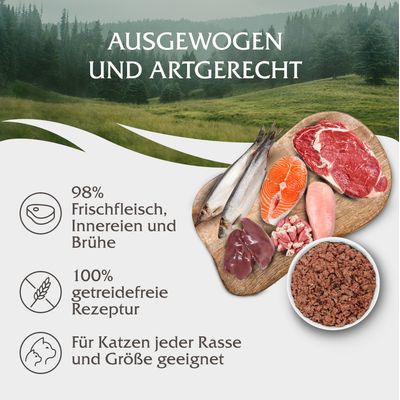 Ausgewogen und artgerecht: 98% Frischfleisch, Innereien und Brühe. 100% getreidefreie Rezeptur. Für Katzen jeder Rasse und Größe geeignet.