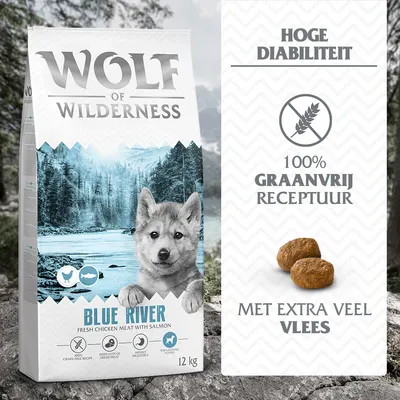 Wolf of Wilderness Blue River hondenvoer 12 kg, hoge diabiliteit, 100% graanvrij receptuur, met extra veel vlees, verse kip en zalm zichtbaar op verpakking.