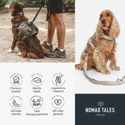 Deux chiens portant un harnais, l’un assis à côté d’une personne, l’autre en laisse. Icônes avec textes : Premium-Qualität, Weiche Haptik, Angenehme Passform, Geringes Gewicht, Volle Bewegungsfreiheit, Mit Liebe gemacht. Nomad Tales München.