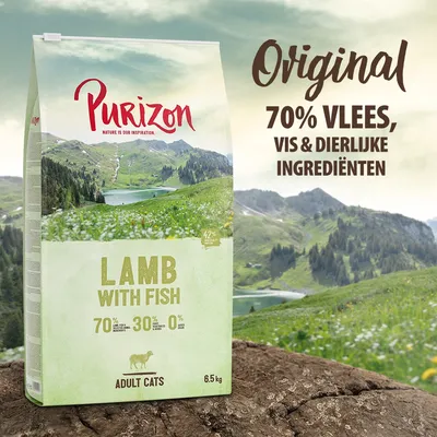 Purizon Lam met Vis Adult Katten, 6,5 kg. Origineel, 70% vlees, vis & dierlijke ingrediënten, 70% dierlijke ingrediënten, 30% groente & kruiden, 0% granen.