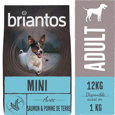 briantos MINI ADULT 12 kg, disponible aussi en 1 kg, avec saumon & pomme de terre