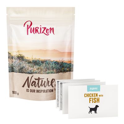 Purizon Puppy Original Poulet avec Poisson, DAILY 65 %, 12 kg. Composition : 65 % poulet, 35 % poisson, 0 %. Symboles pour poulet et poisson visibles.
