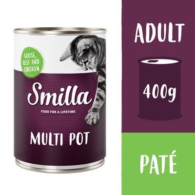 Smilla Mixed Meat Pot, 400g. Flavour: goose, beef and chicken. Contains taurine, grain-free. Made in Germany.