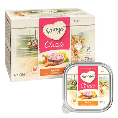 Feringa Classic Meat, Poultry with carrots & dandelion, Adult, grain free recipe, 6 x 100 g. Texte en anglais sur l’emballage : Homemade taste begins with love.