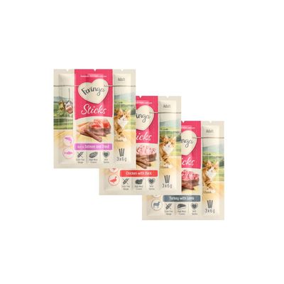 Feringa Sticks para gatos adultos, sabores: salmón y trucha, pollo y pato, pavo y cordero. Oferta de prueba visible en círculo azul. Receta sin cereales, 18 g.