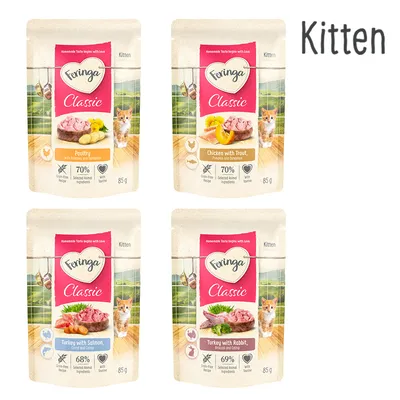 Økonomipakke 24 x 85 g Feringa Classic Meat Menu Kitten portionsposer - Mix I: Kalkun, Kylling & Kalv, Kanin & Kylling, Laks & Kylling