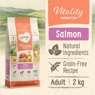 Feringa Vitality Hairball Care Adult, рецепт с лососем, нутом, лососевым маслом и псиллиумом. Без зерна, свежий лосось, пребиотики, овощи. Упаковка: 400 г.