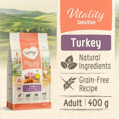 Feringa Vitality Sensitive Adult, индейка с бататом, лососевым маслом и льняным семенем. Без зерна, свежая индейка, с пребиотиками и пробиотиками, с овощами. Упаковка: 400 г.