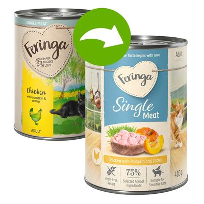 Feringa Single Meat Csirke sütőtökkel és macskamentával, 75% válogatott állati összetevő, gabonamentes, érzékeny macskáknak is alkalmas, 410 g konzerv