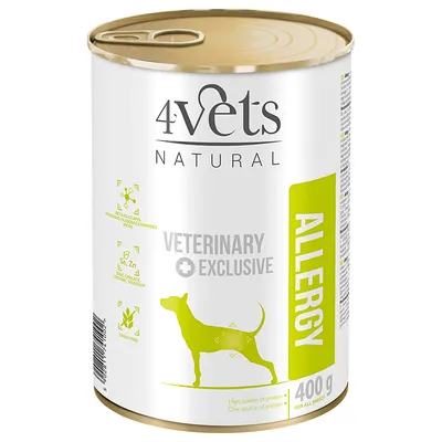 Консерва 4vets Natural Veterinary Exclusive Allergy за кучета, 400 г. Видими надписи: grain free, high quality of protein, one source of protein, ALLERGY, VETERINARY EXCLUSIVE.