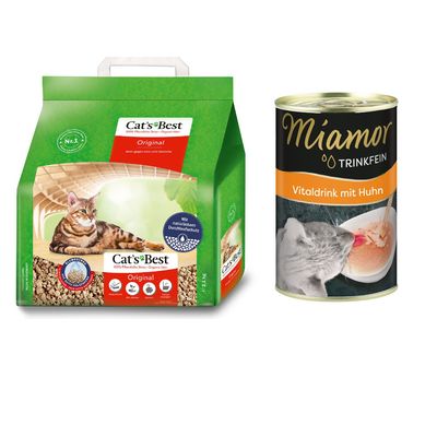 Opakowanie żwirku Cat's Best Original 21,1 kg, widoczny kot, tekst: 100% Pflanzliche Streu – Organic litter, Original, Klumpstreu, Premium Quality Made in Germany, symbole cech produktu.