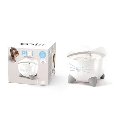 Catit Pixi fontanella per gatti, design bianco con motivo di gatto. La confezione mostra il prodotto e un gatto. Adatta per acqua fresca con funzione filtro.