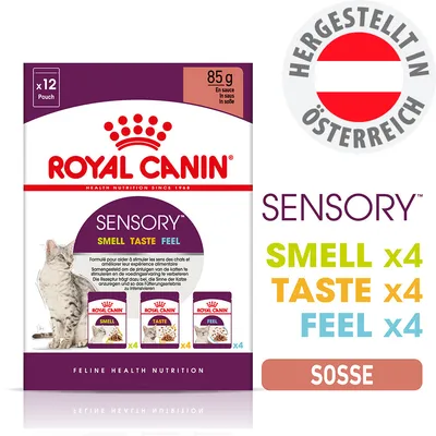 Royal Canin Sensory Smell x4, Taste x4, Feel x4, 12x85g in Soße. Hergestellt in Österreich.