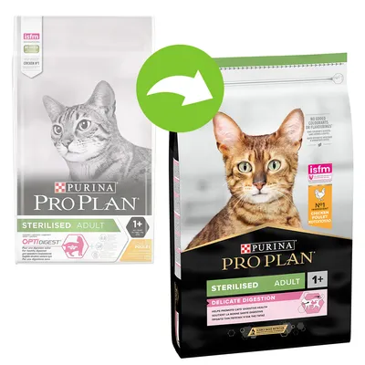 Imagine cu două ambalaje de hrană pentru pisici Purina Pro Plan Sterilised Adult 1+, indicând schimbarea designului. Text vizibil: isfm, NO1 ingredient chicken, delicate digestion. Imagine cu două ambalaje de hrană pentru pisici Purina Pro Plan Sterilised Adult 1+, indicând schimbarea designului. Text vizibil: isfm, NO1 ingredient chicken, delicate digestion.