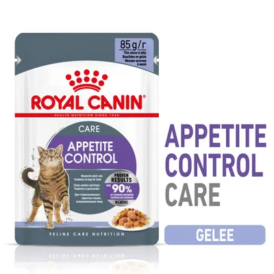 ROYAL CANIN CARE APPETITE CONTROL, 85 g. Text: PROVEN RESULTS over 90% of owners reported controlled begging in 4 weeks. Nápis GELEE. Obrázek kočky a krmiva v želé. ROYAL CANIN CARE APPETITE CONTROL, 85 g. Text: PROVEN RESULTS over 90% of owners reported controlled begging in 4 weeks. Nápis GELEE. Obrázek kočky a krmiva v želé.