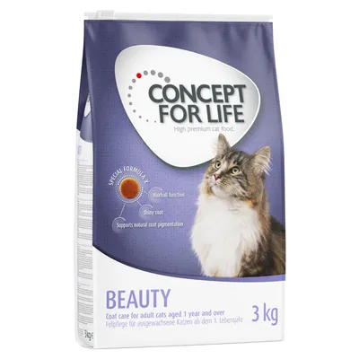 Sac de croquettes pour chat Concept for Life Beauty, 3 kg. Texte visible : Special Formula X, Hairball function, Shiny coat, Supports natural coat pigmentation. Pour chats adultes.