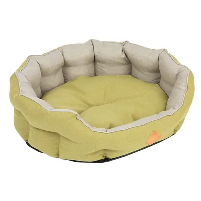 Rund hundeseng med høje, polstrede kanter i lysegrøn og beige stof. Synlig lædermærke på ydersiden. Ingen synlige mærker eller tekst.