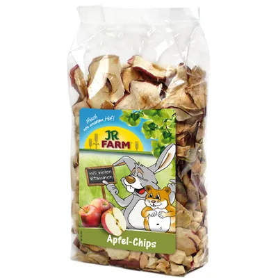 Sachet de chips de pomme JR Farm, étiquette avec illustrations de lapin et hamster, texte visible : 'mit vielen Vitaminen', 'Apfel-Chips', pommes entières et tranchées en image.