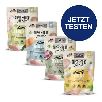 MAC's Super Food for Cats. Sorten: Kaninchen & Geflügel, Lachs & Huhn, Ente & Geflügel, Huhn Pur. Mit Mineralstoffen und Katzenminze. Jetzt testen.