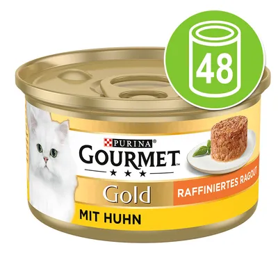 Purina Gourmet Gold Raffiniertes Ragout med kyckling, 48 burkar. Bild av en burk kattmat och en vit katt.