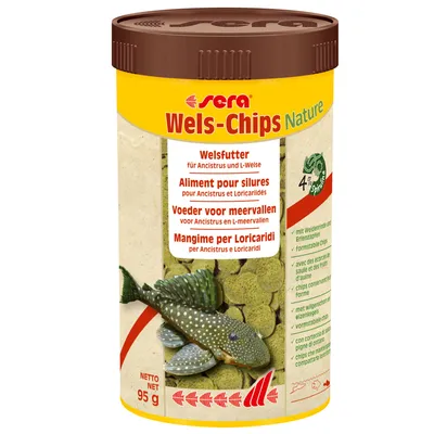 Sera Wels-Chips Nature, aliment pour silures et loricariidés, boîte de 95 g. Texte multilingue : Aliment pour silures pour Ancistrus et Loricariidés. Illustration d’un poisson-chat.