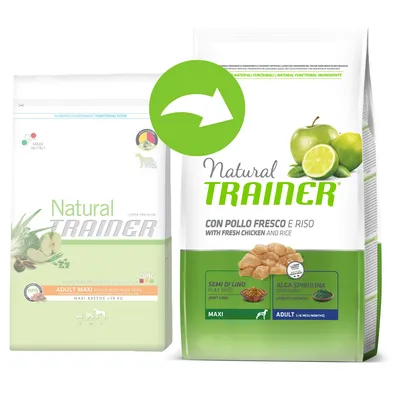 Natural Trainer -koiranruokapakkausten uudistus: vanha ja uusi pakkaus vierekkäin. Uudessa pakkauksessa teksti 'CON POLLO FRESCO E RISO', kuvia omenasta, limestä ja kanasta.
