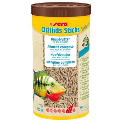 Sera Cichlids Sticks Nature, hovedfoder til alle cichlider, nettovægt 210g, egnet til altædende cichlider, særligt letfordøjeligt.