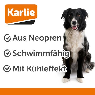 Spielzeug in Form einer braunen Wurst mit aufgedrucktem Gesicht und dem Label 'Karlie'.