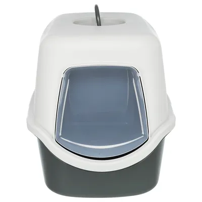 Geschlossene Katzentoilette mit grauer Schwingtür und weissem Deckel, oben mit integriertem Griff.