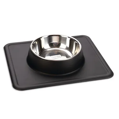 Gamelle en inox sur support noir antidérapant, marque Karlie visible au fond du bol. Support rectangulaire avec rebord.
