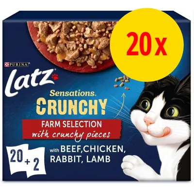 Latz Sensations Crunchy Farm Selection kissanruoka, 20 annospakkausta. Sisältää naudan-, kanan-, kanin- ja lampaanlihaa sekä rapeita paloja. Purina-brändi näkyvissä.