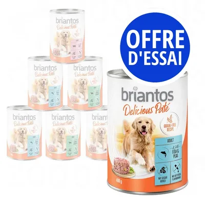 Briantos Delicious Paté pour chien adulte, recette sans céréales, poisson et pois, 400 g. Texte visible : OFFRE D'ESSAI, sans sucre ajouté, sans arômes artificiels.