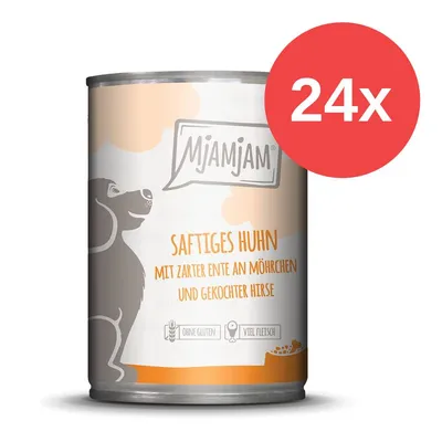 MjAMjAM Saftiges Huhn mit zarter Ente an Möhrchen und gekochter Hirse, ohne Gluten, viel Fleisch. Packungsgrösse: 24x.