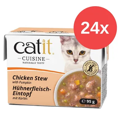 Catit Cuisine estofado de pollo con calabaza, sin cereales, paquete de 95 g, disponible en pack de 24.
