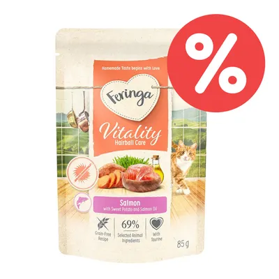 Feringa Vitality Hairball Care, Lachs mit Süßkartoffel und Lachsöl, 69% tierische Zutaten, getreidefrei, mit Taurin, 85g. Rotes Prozentzeichen für Rabatt.
