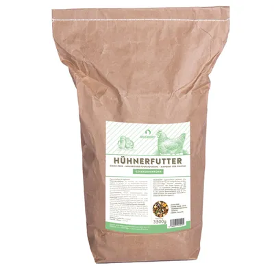 Papírový pytel s etiketou NEUDORFF HÜHNERFUTTER, krmivo pro kuřata, 3500 g. Na etiketě obrázek slepice a kuřete, složení a informace v několika jazycích. Papírový pytel s etiketou NEUDORFF HÜHNERFUTTER, krmivo pro kuřata, 3500 g. Na etiketě obrázek slepice a kuřete, složení a informace v několika jazycích.