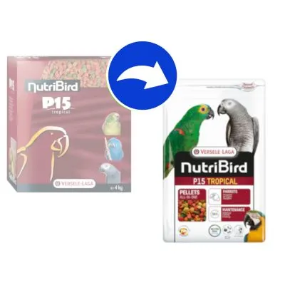 Förpackningsändring: NutriBird P15 Tropical papegojfoder, tidigare röd kartong, nu vit påse med bilder av papegojor och texten 'Pellets All-in-One', 'Parrots', 'Maintenance'.