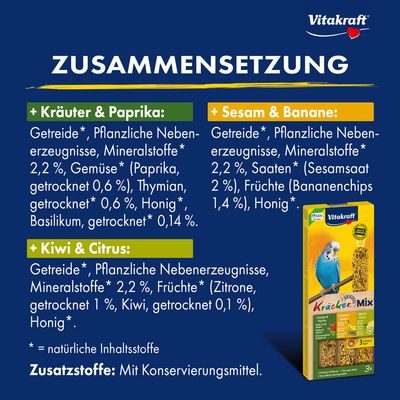 Vitakraft Kräcker Mix für Wellensittiche. Sorten: Kräuter & Paprika, Sesam & Banane, Kiwi & Citrus. Made in Germany. 3 Schichten mit Vitaminen und Mineralien.