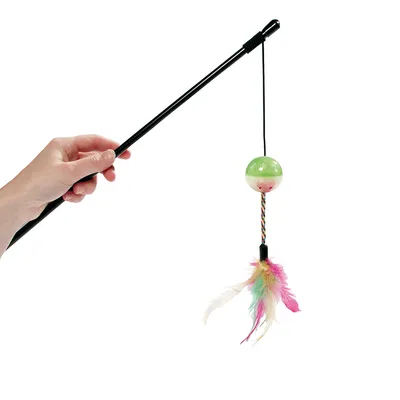 Speelhengel met zwarte staaf, gekleurd koord en groen-witte bal. Aan het uiteinde gekleurde veren als speelgoedhanger.