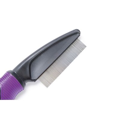 Pettine per la cura del pelo lilla e nero con denti metallici fini e manico ergonomico per una cura precisa.