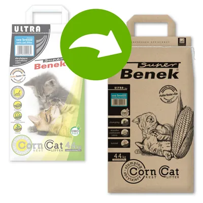 Super Benek Corn Cat Litter, Sea Breeze változat, 4,4 kg. Csomósodó, szagelnyelő, természetes, GMO-mentes. Csomagolásváltás fehér zsákról barnára zöld nyíllal jelölve.
