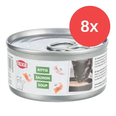 Trixie Kittis Salmon Soup, Nassfutter für Katzen, Abbildung einer Dose mit Lachsabbildungen und Katze. Hinweis: 8x Packung.