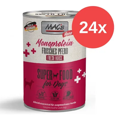 MAC's Monoprotein Świeży koń, superfood dla psów, wyprodukowane w Niemczech, bez zbóż, odpowiednie dla alergików, wysoka zawartość mięsa. Karma pełnoporcjowa dla dorosłych psów. 24x. MAC's Monoprotein Świeży koń, superfood dla psów, wyprodukowane w Niemczech, bez zbóż, odpowiednie dla alergików, wysoka zawartość mięsa. Karma pełnoporcjowa dla dorosłych psów. 24x.