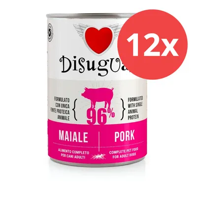 Disugual Nassfutter für Hunde, Sorte Schwein, 96% tierisches Protein, 12x Dosen. Komplettes Tierfutter für erwachsene Hunde.