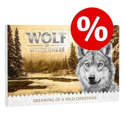 Wolf of Wilderness adventskalender, Dreaming of a Wild Christmas, met grote rode procenttekenkorting zichtbaar op de verpakking.