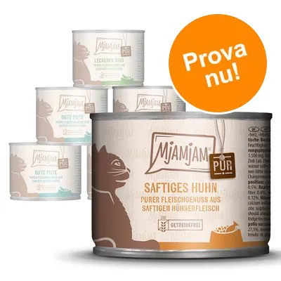 Flera burkar MjAMjAM PUR kattmat, synliga sorter: Saftiges Huhn, Gute Pute, Leckeres Rind. Orange cirkel med texten 'Prova nu!'.