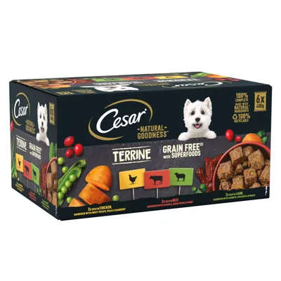 Cesar Natural Goodness Terrine, Grain Free with Superfoods, 6 x 400g. Varieties: chicken, beef, lamb. 100% natural ingredients, 100% recyclable. Cesar Natural Goodness Terrine, Grain Free with Superfoods, 6 x 400g. Varieties: chicken, beef, lamb. 100% natural ingredients, 100% recyclable.